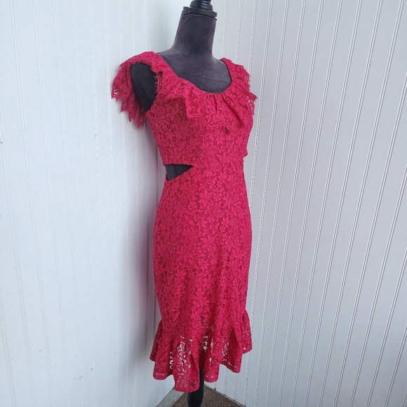 Express Lace Side Cutout Ruffle Dress  Gorgeous Hot Pink Women's Off Shoulders S - Picture 4 of 16